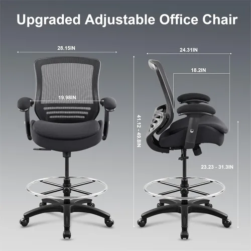 Miniatura 2 de Silla de dibujo de oficina de 400 libras, cojín de asiento doble ancho para escritorio de alto pie con soporte lumbar y reposapiés ajustable Negro