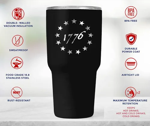 Miniatura 4 de Betsy Ross 1776 - Vaso patriótico de 30 onzas con la bandera estadounidense, taza de viaje para café patriótico, vaso de viaje con doble aislamiento