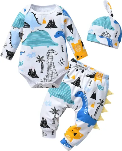 Conjunto de 3 piezas de ropa de bebé recién nacido con estampado de manga larga + pantalones + sombrero