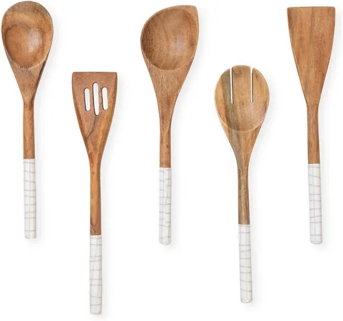 Miniatura 8 de Folkulture Cucharas de madera para cocinar, juego de 5 utensilios de madera de acacia prémium de 12 pulgadas, acabado liso, juego de utensilios