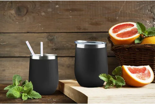 Miniatura 6 de MEWAY Vaso de vino sin tallo de 12 onzas con tapa, vaso de viaje de acero inoxidable con aislamiento de doble pared al vacío con popote, para Negro