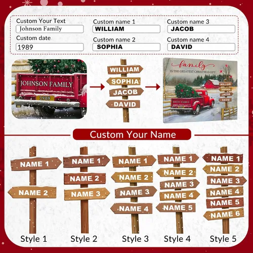 Miniatura 6 de Easycosy - Lienzo personalizado de Navidad para pared, póster vintage de camión rojo con nombre de familia, impresión en lienzo de Navidad