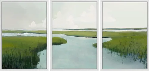 SIGNWIN Lienzo enmarcado para pared, juego de arte sereno de pantanos con humedales verdes e ilustraciones de agua tranquila, arte moderno,