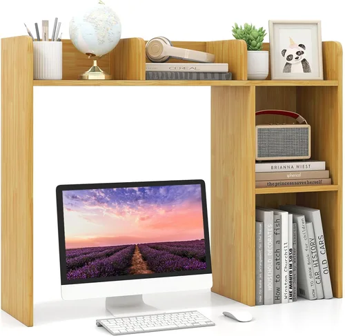 Miniatura 10 de LDAILY Desktop Bookshelf, 2-Tier Office Desk Shelf Organizer Desk Hutch with 4 Shelves, 37’’L Wood Storage Rack Display Shelf for Computer Desk