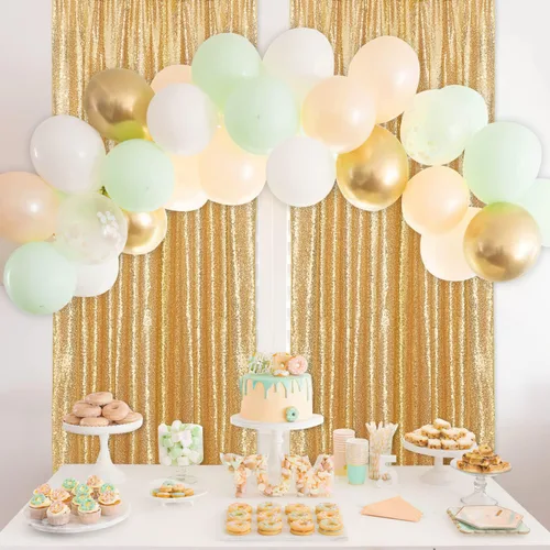 Miniatura 6 de Cortinas con lentejuelas doradas, 2 unidades de 2 x 8 pies, con brillantina, telón de fondo para bodas Dorado