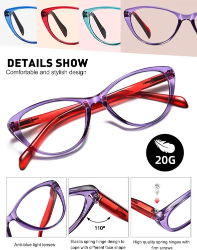 Miniatura 5 de Lentes de lectura de ojo de gato para mujer con bloqueo de luz azul, lectores para mujer 2.75 con bisagras de resorte cómodas, anteojos de diseñador