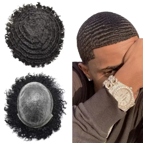 Miniatura 11 de Afro Toupee para hombres negros, rizado afro ondulado, postizo masculino, piel fina, PU negro, para hombre, tupé, reemplazo de cabello humano