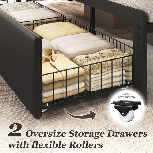 Miniatura 4 de Fluest - Base de cama tamaño Queen con 2 cajones de almacenamiento, cabecero tapizado con botones y estación de carga, no necesita somier, libre