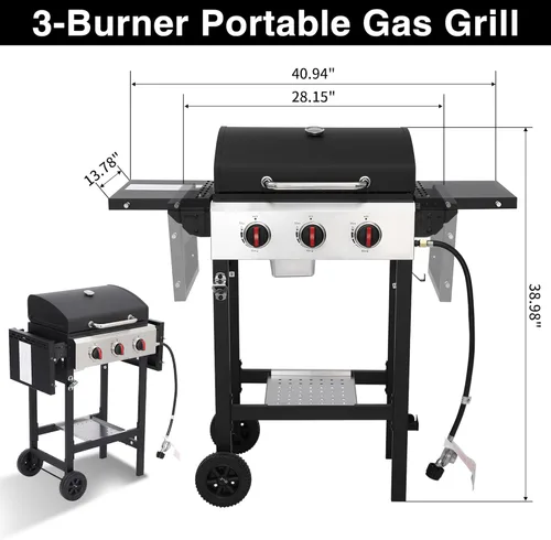 Miniatura 6 de Parrilla de gas propano con mesas laterales plegables, parrilla de gas de 3 quemadores con rejillas de hierro fundido y parrilla de acero