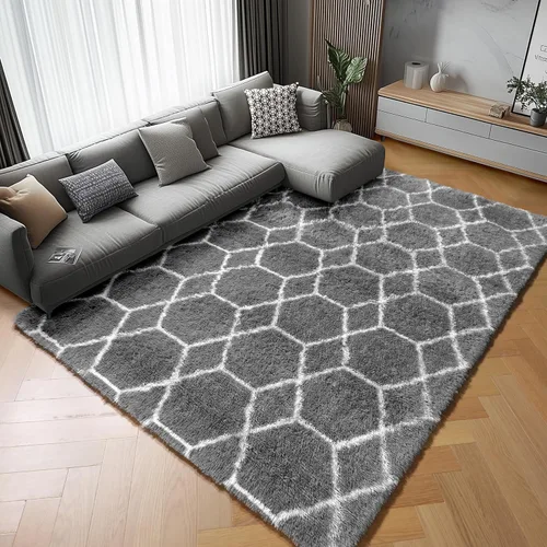 Miniatura 2 de ONASAR Alfombras de área para sala de estar y dormitorio, alfombra esponjosa lavable de 5x8 pies gris y blanca, alfombra de piso suave, afelpada