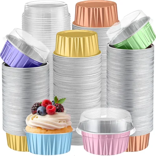 Miniatura 34 de Gejoy 400 Piezas Moldes de Papel de Aluminio para Hornear con Tapas 5 oz Moldes Desechables Ramekins Mini Moldes para Pasteles Crème Brûlée Moldes