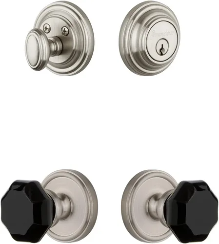 Grandeur Hardware 851255 Georgetown Roseta con pomo Lyon y cerrojo a juego, tamaño del respaldo: 2.375 pulgadas, níquel satinado