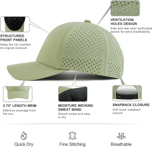 Miniatura 6 de VOBOOM Gorra de béisbol de secado rápido para hombre, gorra de bola de malla cortada con láser, gorra curvada del Snapback del ala