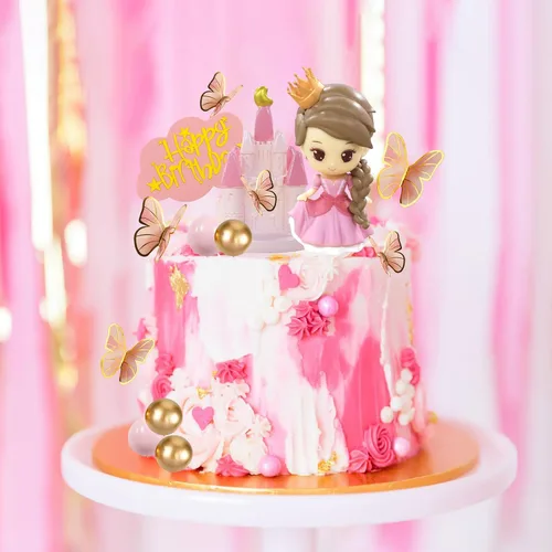 Miniatura 7 de Decoración de pastel de princesa, decoración de pastel de castillo de princesa rosa, bolas de mariposa, pasteles de feliz cumpleaños, decoración