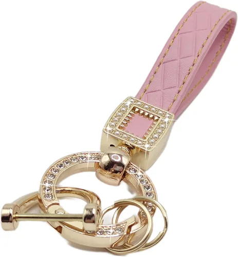 Miniatura 11 de Llavero de cuero de microfibra, llaveros de diamantes brillantes para mujer, soporte para llavero de automóvil con rotación de 360 grados