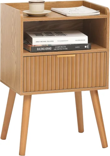 AWASEN Mesita de noche acanalada, mesita de noche moderna de mediados de siglo con cajones de almacenamiento, mesita de noche de madera maciza para