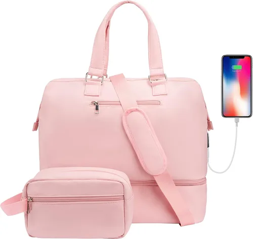 Miniatura 8 de MINKARS Bolsa de fin de semana con compartimento para zapatos, funda para portátil, puerto de carga USB, Rosado, Bolsa de fin de semana