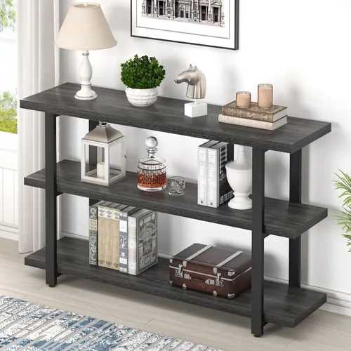 Miniatura 11 de FOLUBAN Mesas de consola para entrada, mesa de sofá moderna de madera y metal con estantes de almacenamiento para sala de estar, pasillo, entrada