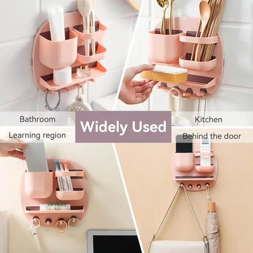 Miniatura 5 de Estante de montaje en pared, organizador de accesorios de mesita de noche con ganchos, almacenamiento adhesivo para teléfono, control remoto, Rosa