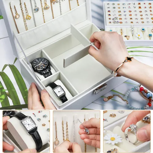Miniatura 4 de Bailinna Joyero organizador para mujeres y niñas, 2 capas, organizador de joyas de piel sintética, soporte de joyería con candado, bandeja extraíble