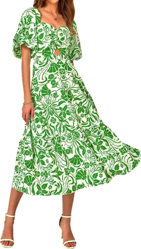 BTFBM Vestidos de verano para mujer, estilo casual, fluido, para playa, cuello cuadrado, manga corta, espalda fruncida, bohemio, floral, largo