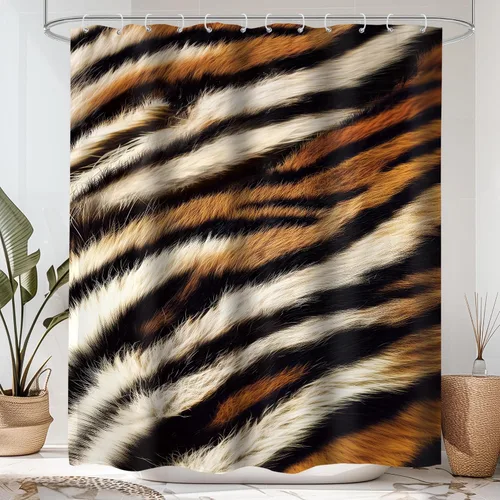 Cortina de ducha con estampado de tigre, 60 pulgadas de ancho x 72 pulgadas de alto, safari salvaje, negro, marrón, potente pantera, piel de animal,