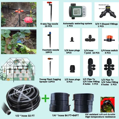 Miniatura 2 de Sistema de riego por goteo de 160 pies con temporizador de agua para jardín, manguera de agua principal ID 1/2 pulgada 30 pies, 1/4 pulgadas 130