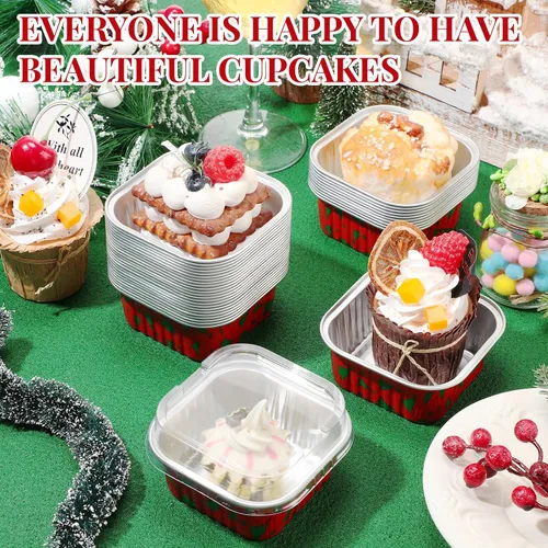 Miniatura 4 de 100 piezas de tazas de aluminio para Navidad, contenedor de cupcakes de papel de aluminio con tapas, 5 onzas, molde cuadrado de papel de aluminio
