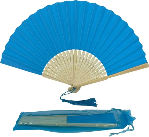 Miniatura 3 de Paquete de 10 abanicos plegables de mano de papel con borla y varillas de bambú de grado A para mujeres y niñas, regalo de fiesta de verano, Azul