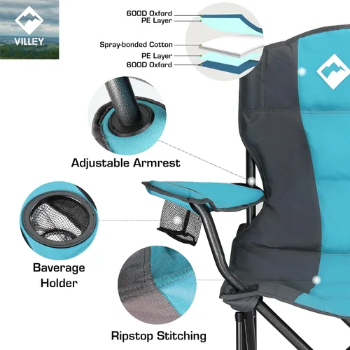 Miniatura 6 de VILLEY Silla de campamento, silla de campamento plegable de gran tamaño, sillas portátiles para exteriores con soporte de 450 libras con asientos