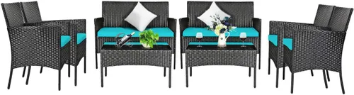 Miniatura 13 de Tangkula Juego de muebles de patio de 4 piezas, juego de conversación de mimbre para exteriores con mesa de centro de vidrio templado, sofá biplaza