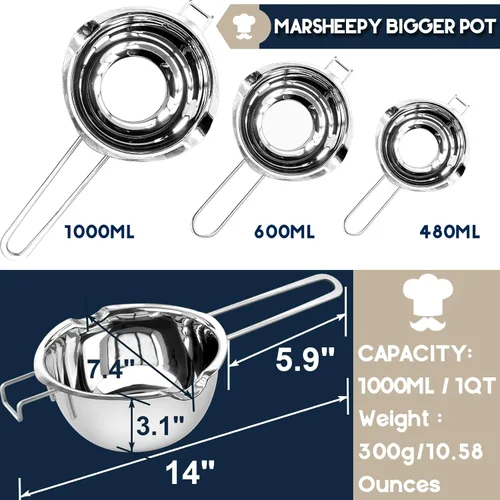 Miniatura 3 de Olla de doble caldera de 1000ML/1QT para derretir chocolate, juego de fabricación de velas de acero inoxidable 304 con espátula de silicona