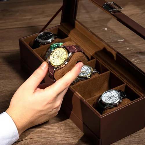 Miniatura 4 de ProCase Caja para reloj, caja de exhibición de 6 ranuras con cajón, caja de reloj para hombre con tapa de vidrio, organizador de almacenamiento