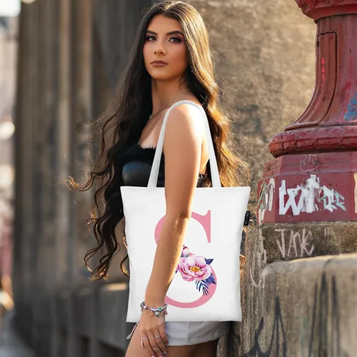Miniatura 6 de Bolsas de lona con iniciales florales, bolso personalizado con letras rosas con monograma, regalo de Navidad, graduación de cumpleaños, letra D