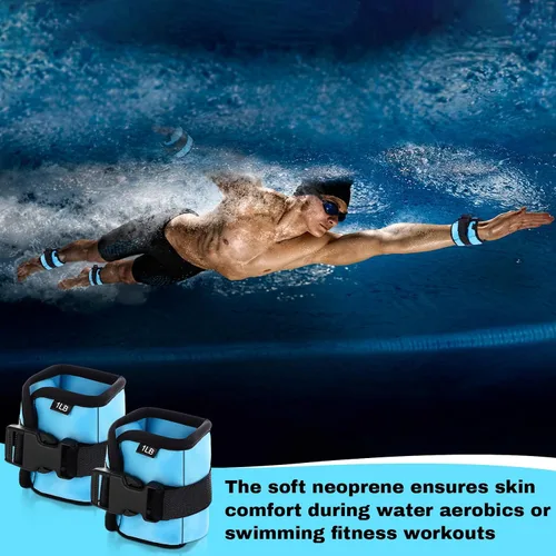 Miniatura 5 de Hollowfly 2 pares de pesas de tobillo y muñeca para ejercicios terrestres o acuáticos, puños acuáticos, bandas de fitness de aeróbicos acuáticos Azul