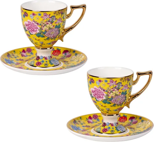 KAMMAK Juego de 2 tazas de té y platillos de porcelana, tazas de café apilables de 7 onzas, Demitasse de cerámica para café, café con leche,