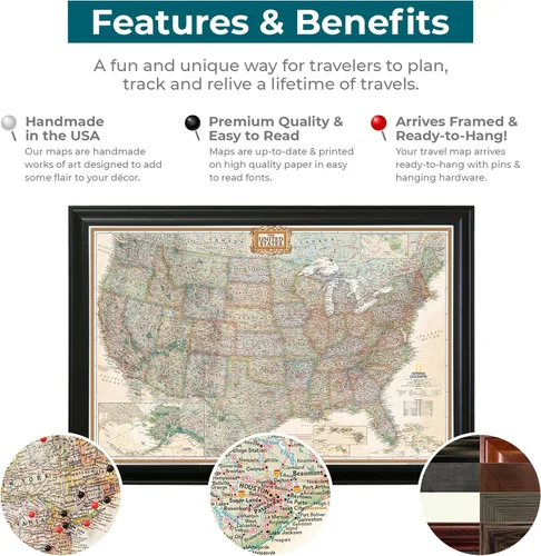 Miniatura 4 de Push Pin Travel Maps - Executive US - Mapa de pines enmarcado con marco negro para rastrear tus viajes - 27.5 x 39.5 pulgadas - 8 opciones de marco
