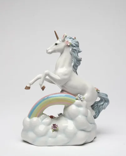 Cosmos Gifts 80118 Figura musical de unicornio de porcelana fina saltando sobre el arco iris (Tune: Over The Rainbow), 8-1/8" H
