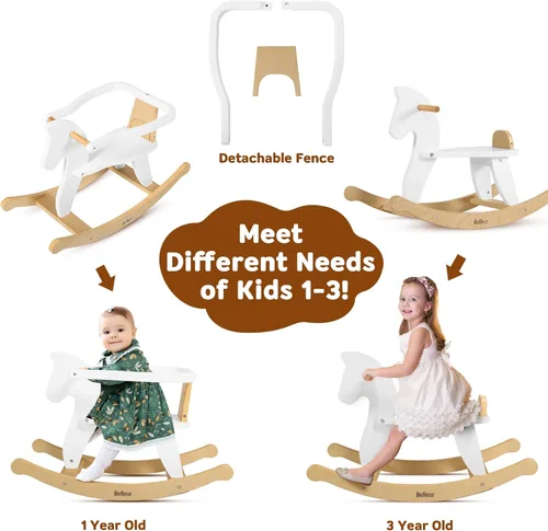 Miniatura 2 de Belleur Caballo mecedor para niños de 1 a 3 años, juguete mecedor de madera para niños pequeños con valla extraíble para actividades en interiores