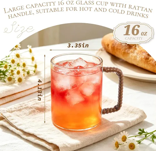 Miniatura 3 de Juego de 2 tazas de café de vidrio de borosilicato transparente de 16 onzas con mango tejido estilo ratán, taza de café de granja para café