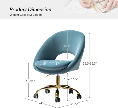 Miniatura 2 de TINA'S HOME Silla de oficina moderna de terciopelo con giro ajustable, cómoda silla de escritorio tapizada con respaldo abierto, pequeña y bonita