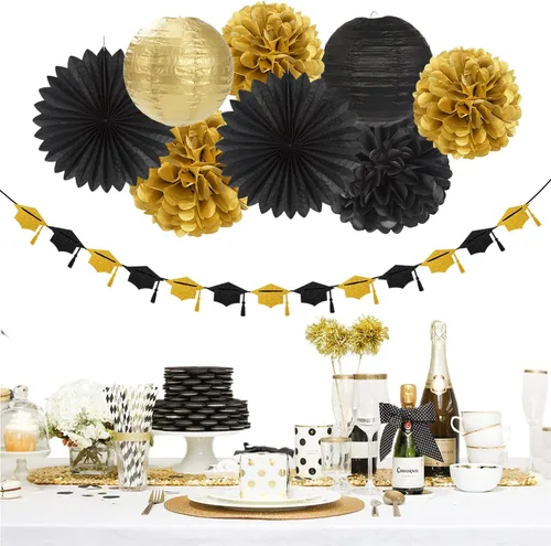 Miniatura 5 de Guirnalda de decoración de fiesta de graduación de oro negro – 36 piezas de pancarta de felicitaciones de graduación 2026, serpentinas colgantes
