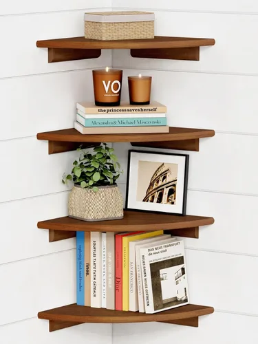 Miniatura 8 de Forbena Juego de 4 estantes flotantes de esquina blanca para pared, estantes de esquina redondeados montados en la pared para libros de dormitorio