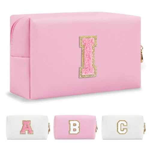 Miniatura 189 de Pequeña bolsa de maquillaje personalizada con inicial A-Z Preppy Patch, bolsa de cosméticos de viaje de felpilla blanca con cremallera, bonita bolsa