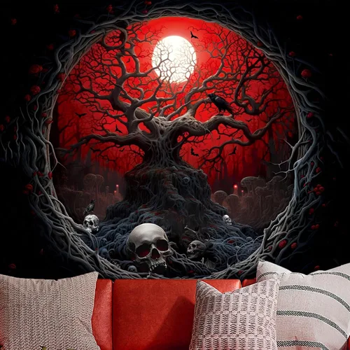 Atrippy Tapiz de anime negro y rojo de Halloween, para colgar en la pared, diseño gótico de luna de bosque oscuro, calavera, árbol marchito,