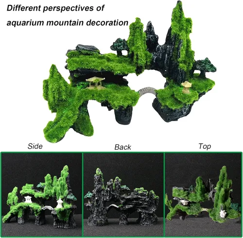 Miniatura 2 de Tfwadmx Decoración de pecera con vista de montaña, puente de piedra de acuario con musgo, cueva de casa de árbol para pequeña piel de camarón Betta