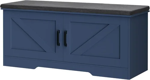 Miniatura 10 de HOMSHO Banca de almacenamiento de 2 niveles, banca para zapatos de 70 cm de ancho con cojín de asiento acolchado, banca de entrada con 2 puertas
