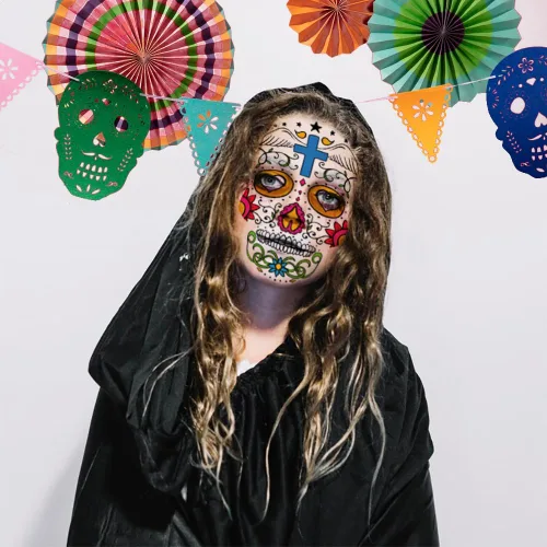 Miniatura 3 de Hying 9 tatuajes temporales del Día de los Muertos, tatuajes de esqueleto de Halloween, tatuajes faciales de calavera floral de azúcar, calcomanías