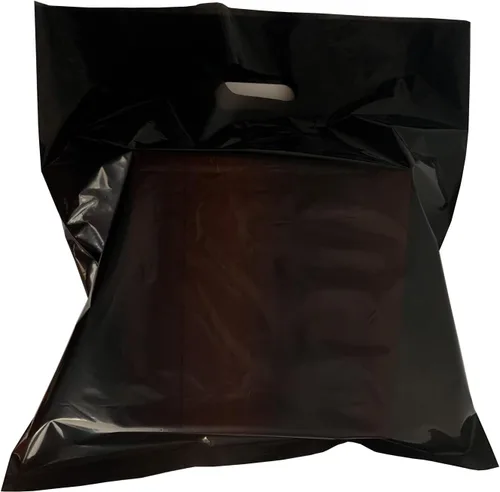 Miniatura 12 de Krodtige Paquete de 100 bolsas de compras negras de 16 x 18 x 2 mil de grosor con asas troqueladas, bolsa de plástico brillante, perfectas