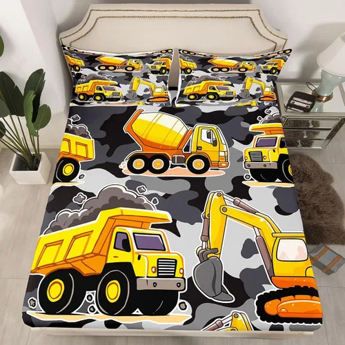 Miniatura 8 de Juego de sábanas bajeras ajustables para niños, diseño de caricaturas, camiones, tamaño individual, juegos de ropa de cama de excavadoras, camiones